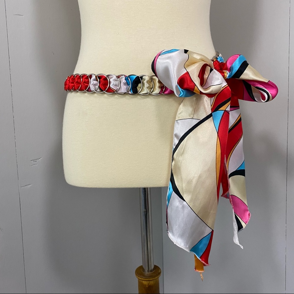 Silky Scarf Tie Belt with Metal Rings - Multicolor